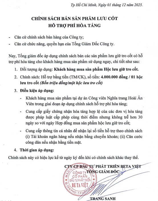 Chính sách bán sản phẩm lưu giữ tro cốt có hỗ trợ chi phí hỏa táng
