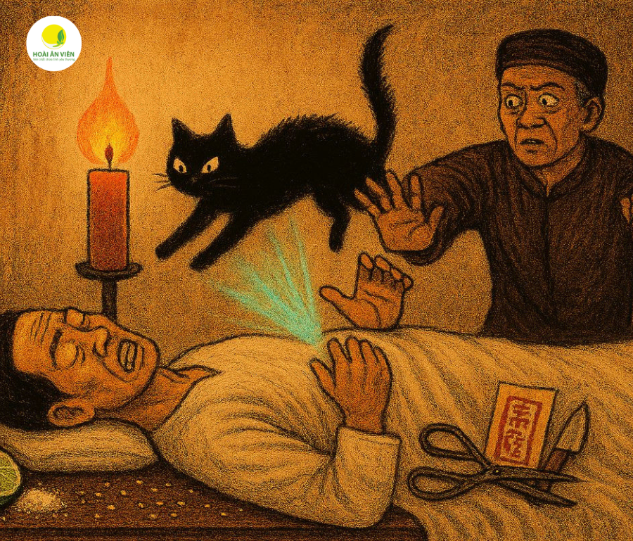 Nếu một con mèo, đặc biệt là mèo đen, nhảy qua người chết, hồn người mất sẽ bị kích động, khiến xác bật dậy, tạo nên hiện tượng rùng rợn khó lý giải